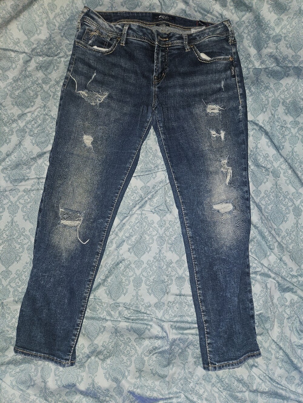 Dark Blue Distressed Silver Tab Women’s Jeans